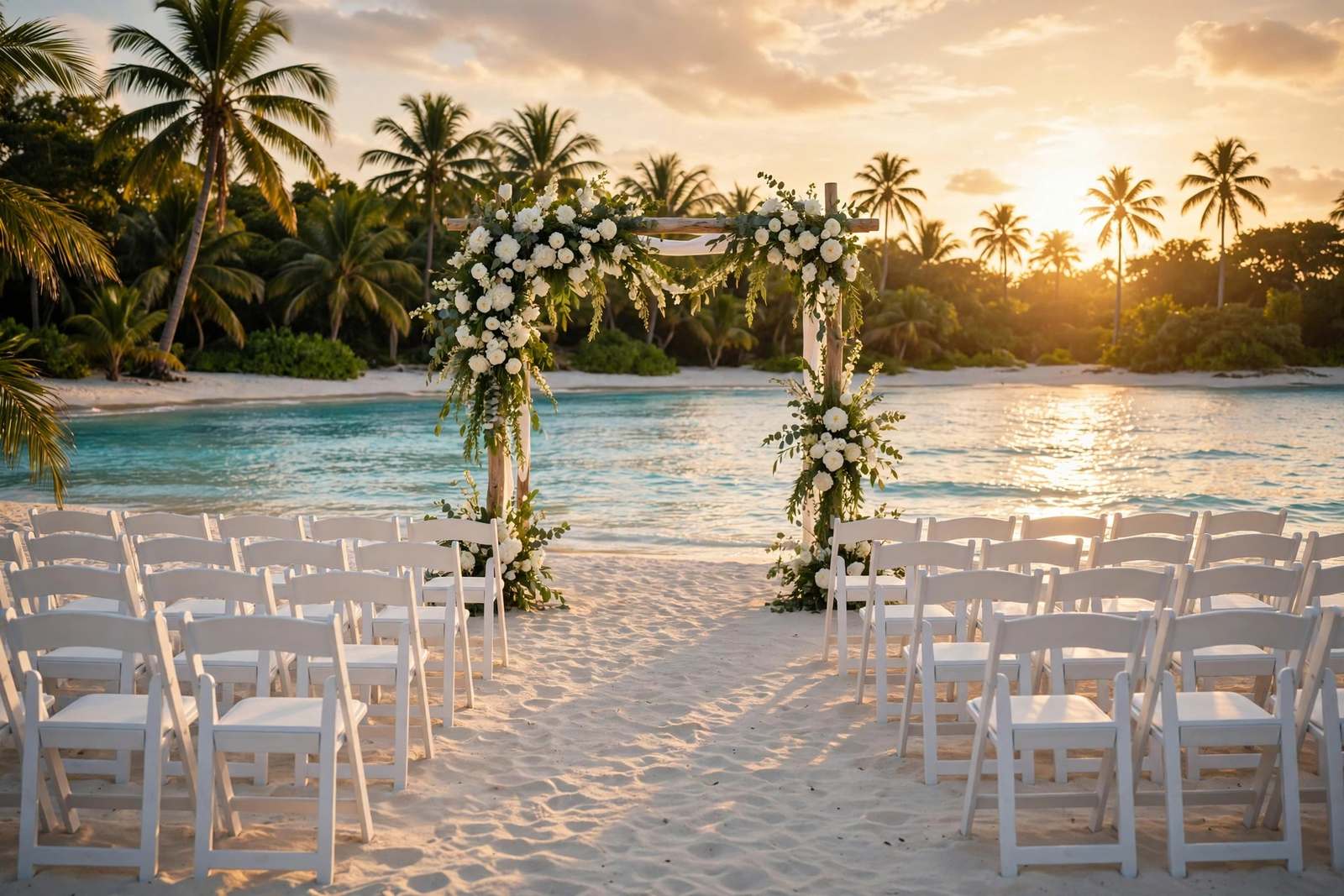 Destination wedding beach ceremony with a floral arch and white chairs — destination wedding budget calculator
