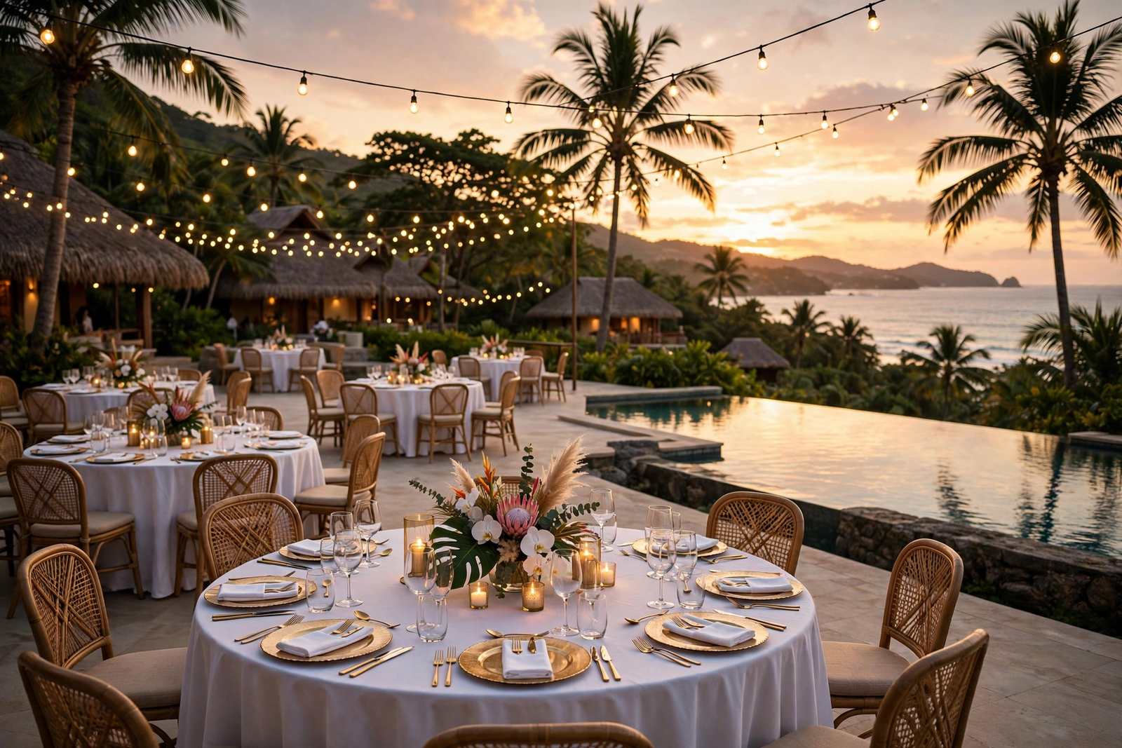 Destination wedding reception at a tropical resort at sunset — destination wedding checklist