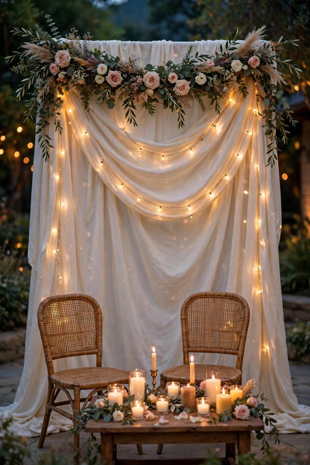Wedding backdrop decoration ideas — draped fabric, fairy lights and floral garland behind a sweetheart table