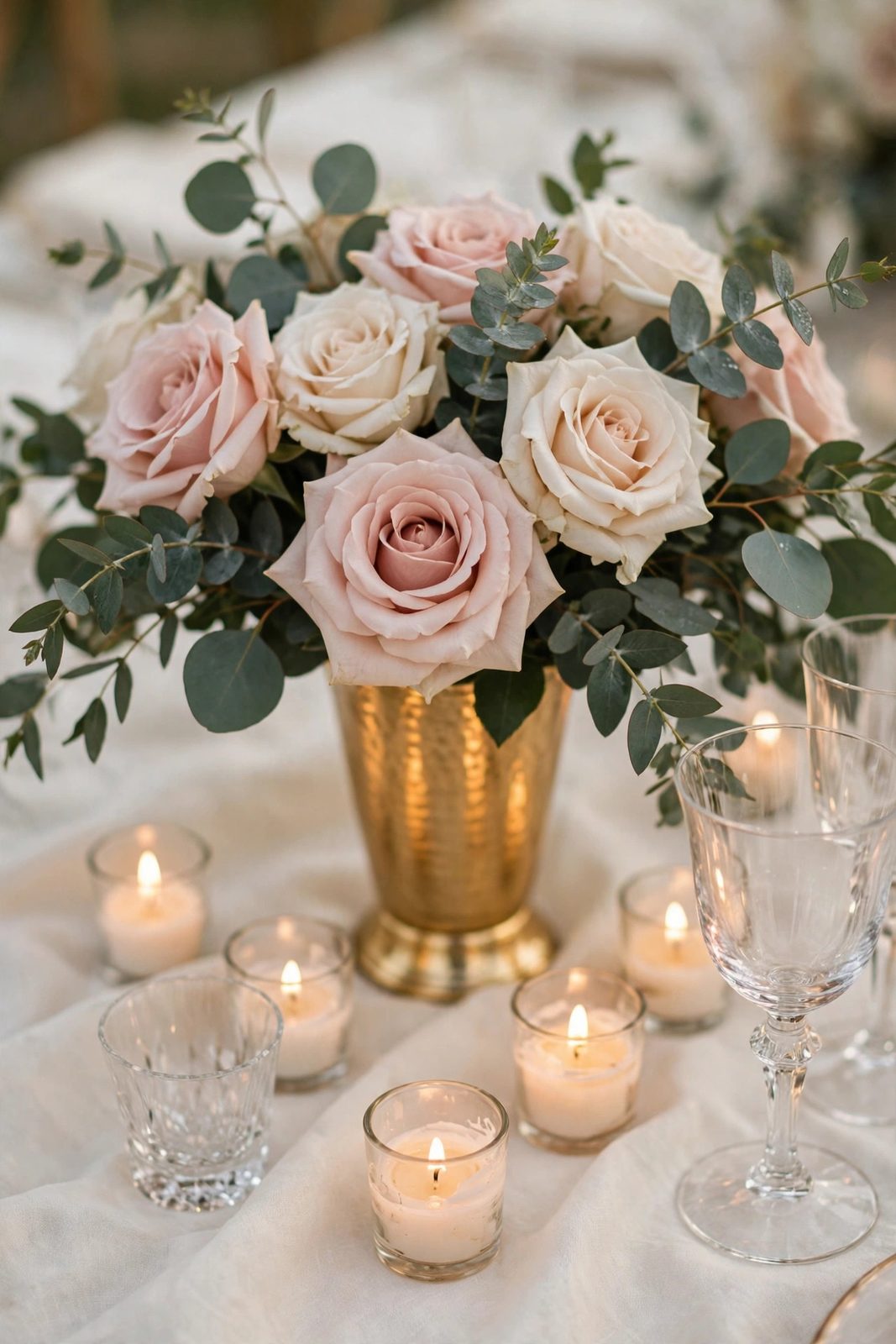 Wedding centerpiece ideas — blush roses and eucalyptus in a gold vase with votive candles