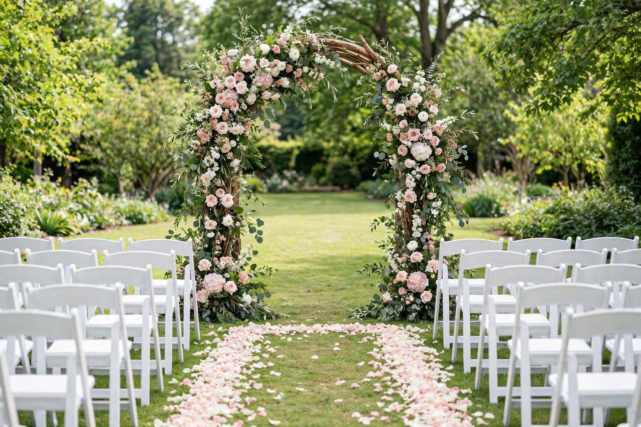 Wedding ceremony arch decoration ideas — floral arch and aisle chairs