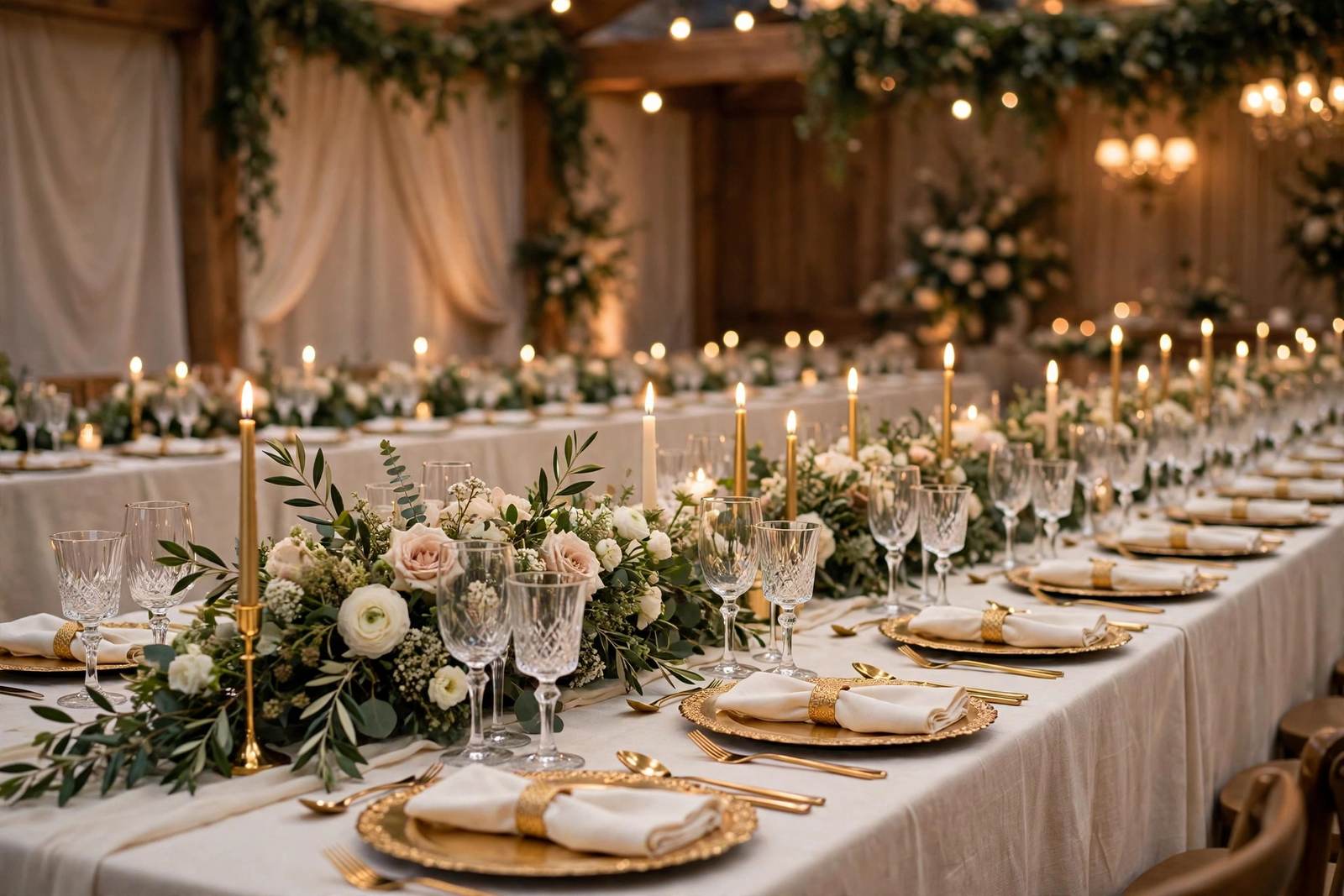 Wedding reception table decoration — banquet tablescape with candles and floral runner